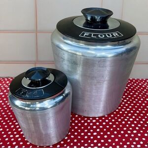 Vintage Kromex Brushed Aluminum Black Plastic Lid Flour Tea Canisters